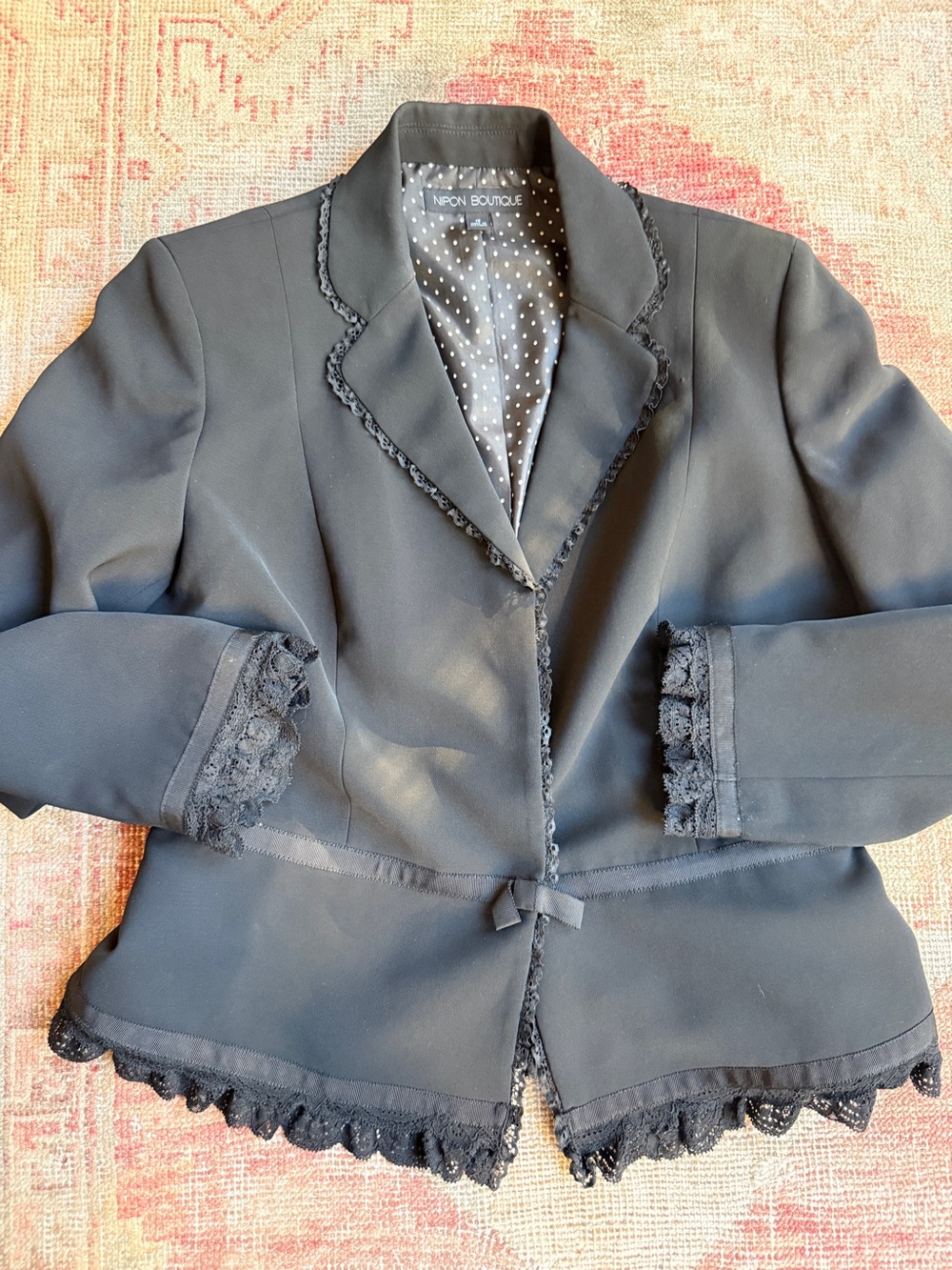 Coquette girl fall Black Lace-Trim Peplum Blazer